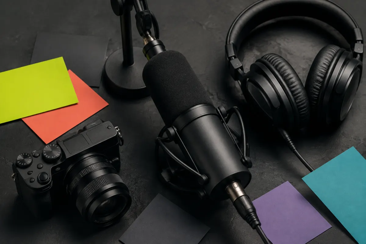 Scène illustrative : microphone, casque et caméra dans un atelier de création.