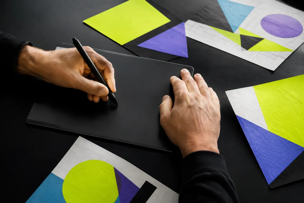 Scène illustrative : mains au travail sur une tablette graphique et études de couleurs.
