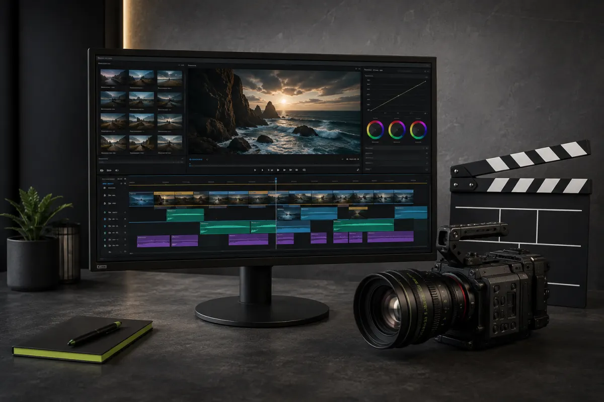 Scène illustrative : écran de montage vidéo, caméra de cinéma et clap sur un bureau.